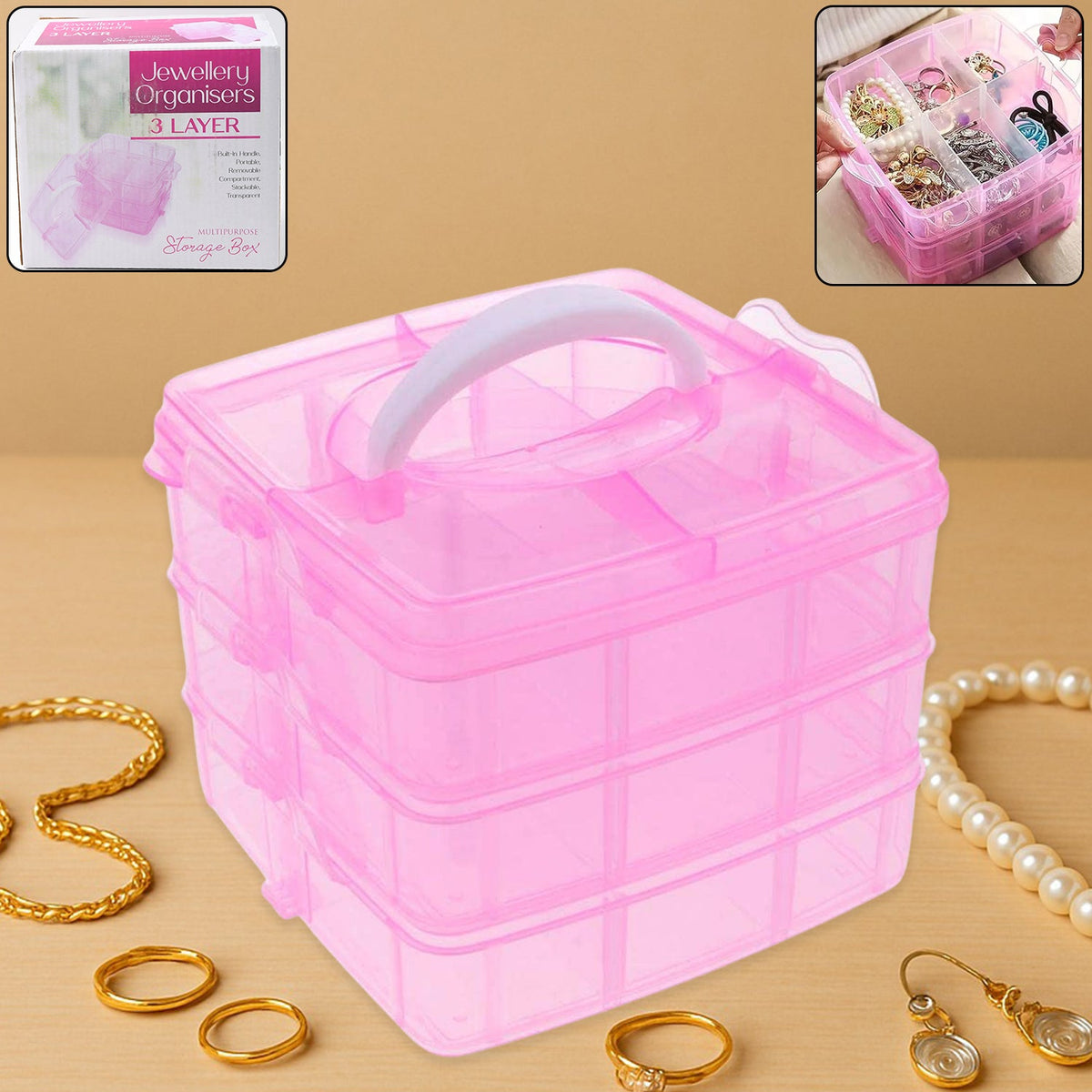 Clear 18-grid plastic organizer box with three layers and adjustable dividers. Main image