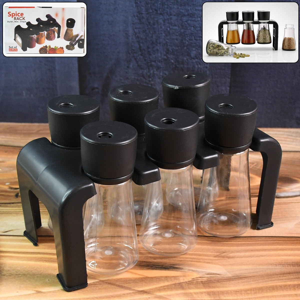 6-piece plastic spice jar set on sleek stand for kitchen organization Main image