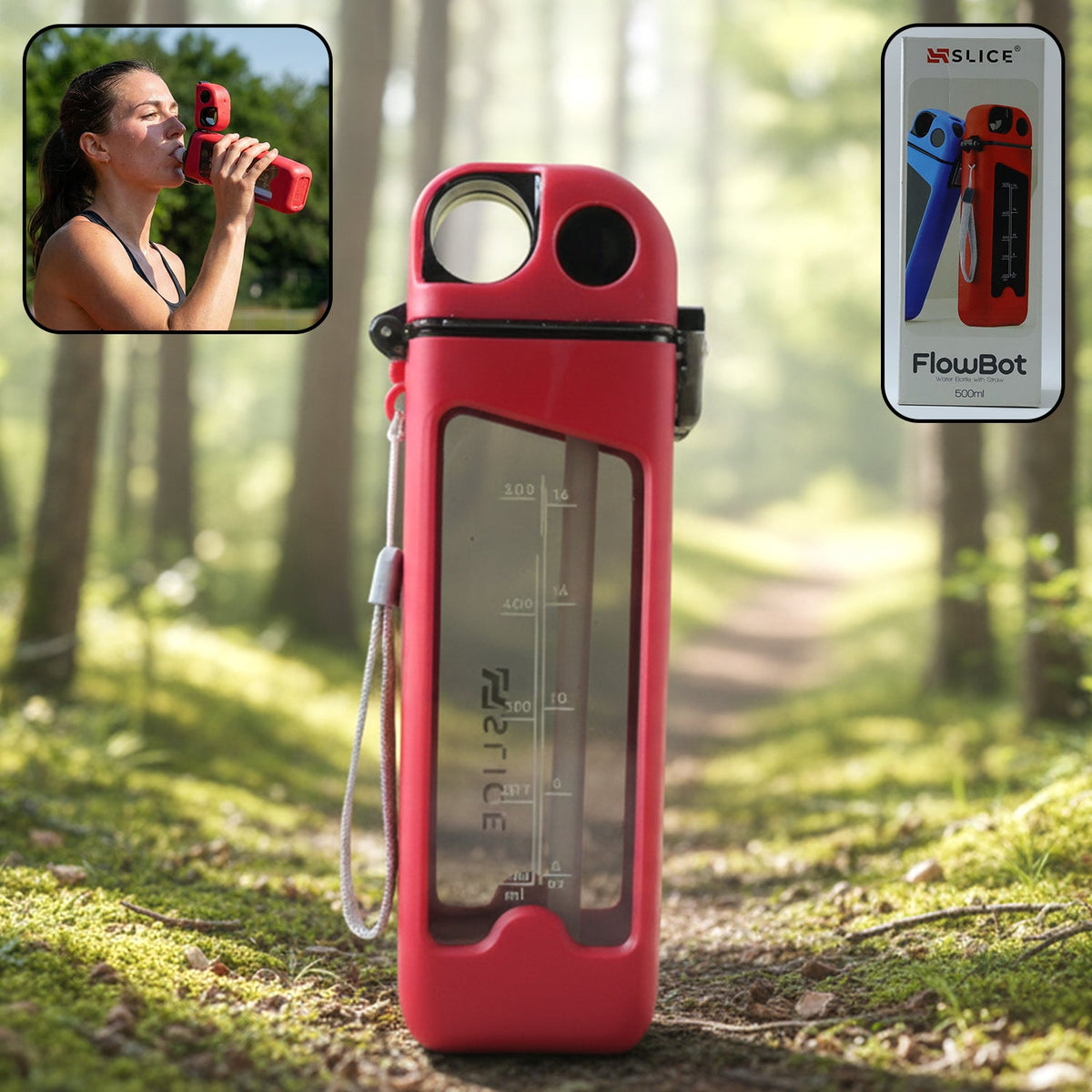 Red 500ml leakproof sports water bottle with one-touch spout and carry strap Main image