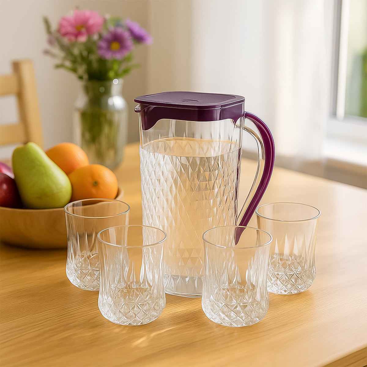 Plastic jug with glasses combo set featuring diamond-cut design Main image