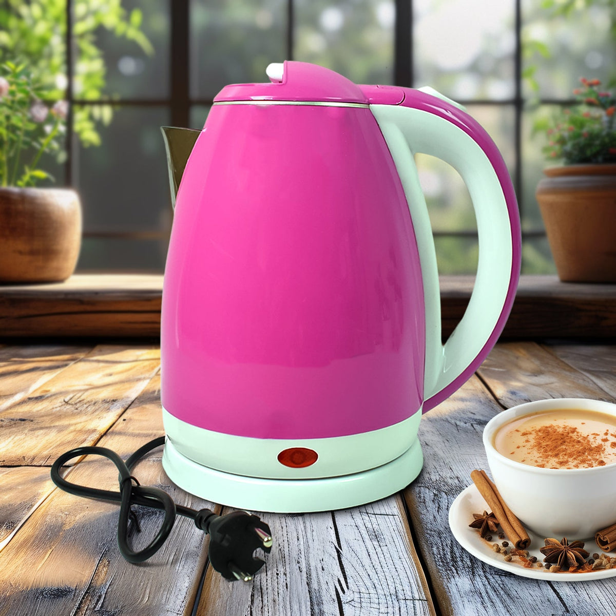 Stainless steel electric kettle 1500W with 2L capacity on a kitchen counter. Main image