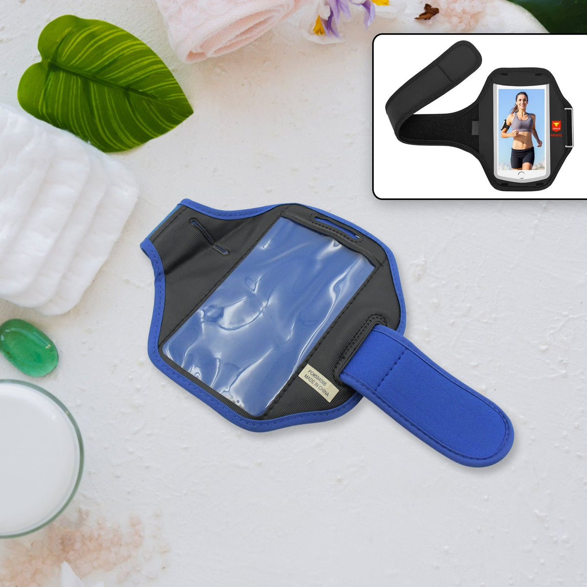 Black running armband on a white background, showcasing its phone holder functionality for active users. Main image