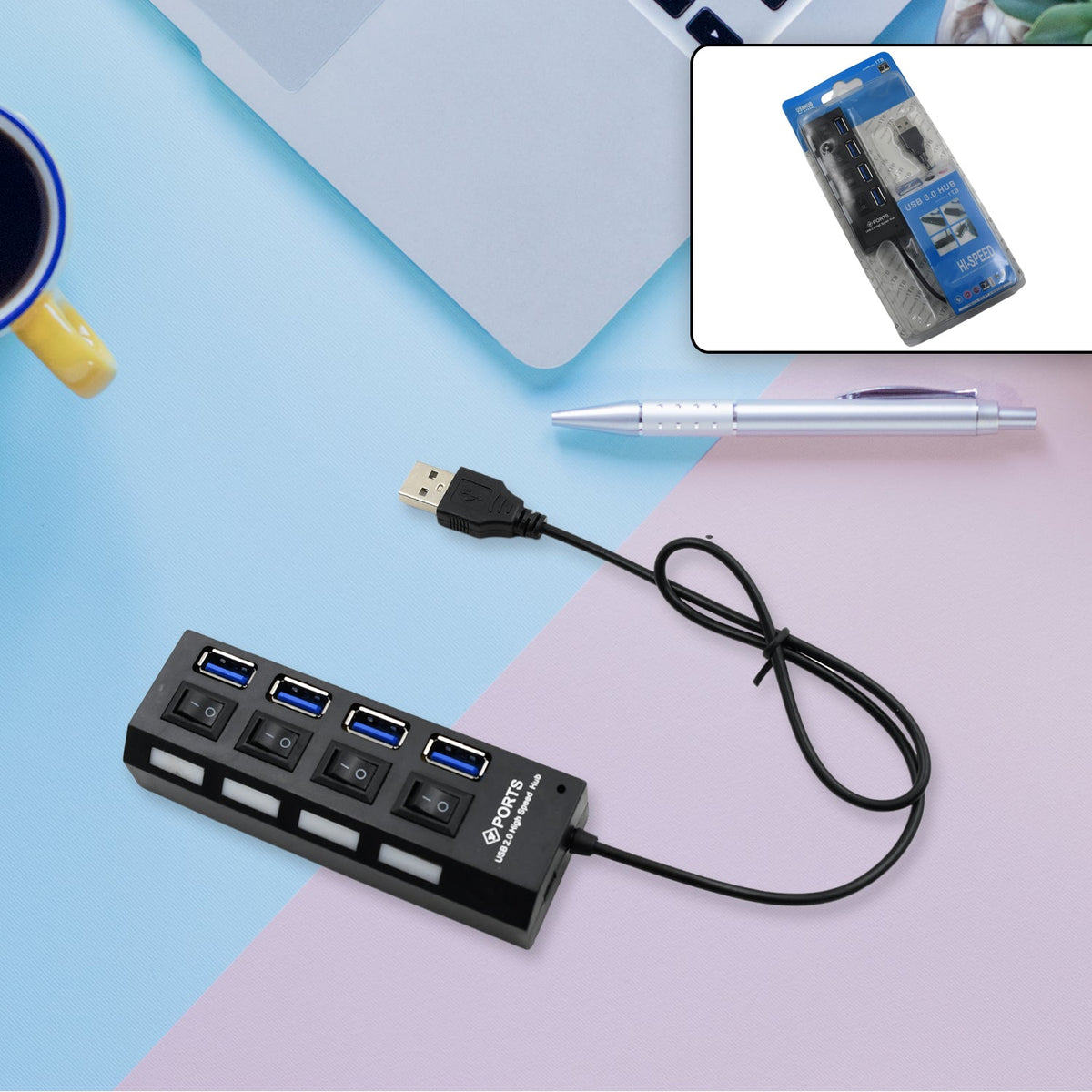4 Port USB Hub with individual on/off switches and blue LED indicators. Main image