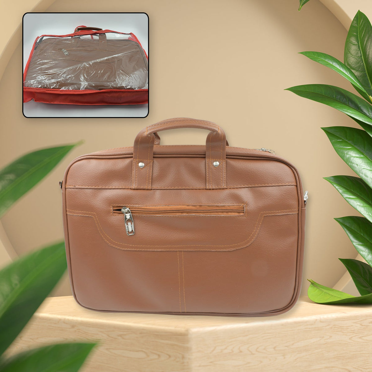 Front view of the Faux Leather Laptop Messenger Bag on a desk, highlighting its sleek design. Main image