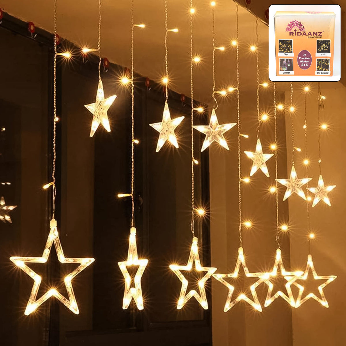 Warm white LED curtain lights with 12 stars draped beautifully for festive decoration. Main image