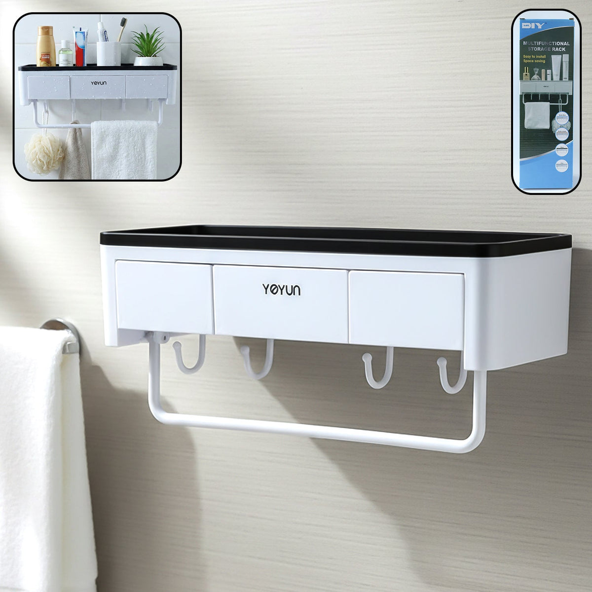 Wall mounted bathroom storage rack organizer with shelf and hooks Main image