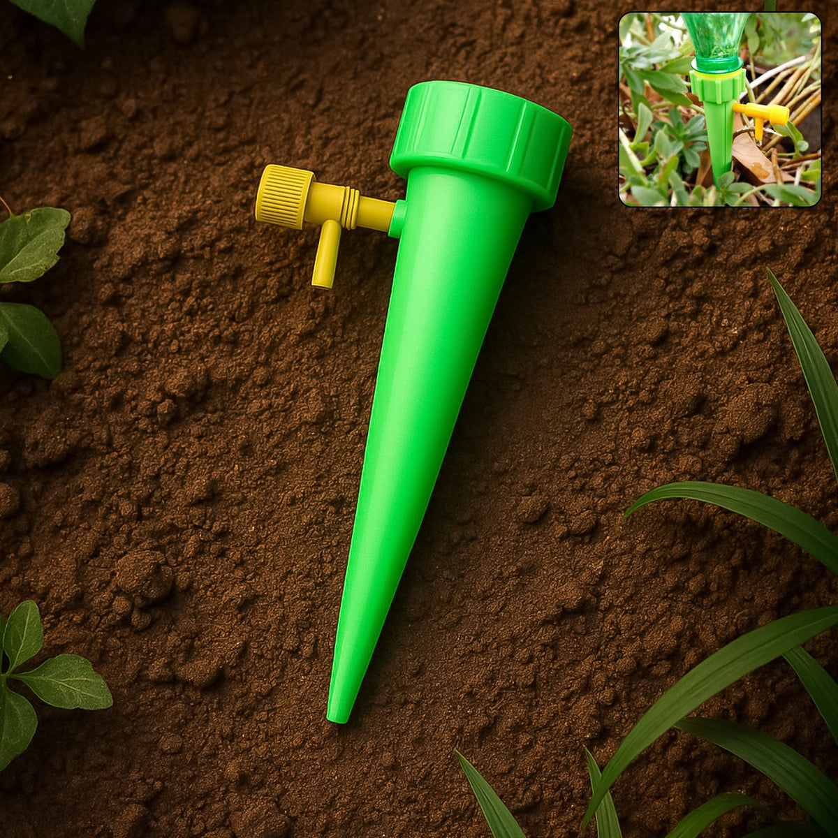 Plant Watering Spike gently watering potted plants in garden Main image