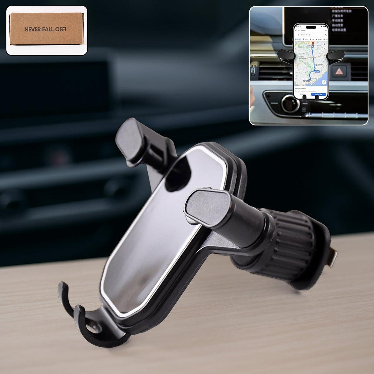 Gravity car phone holder mounted on air vent, side view showing secure grip Main image