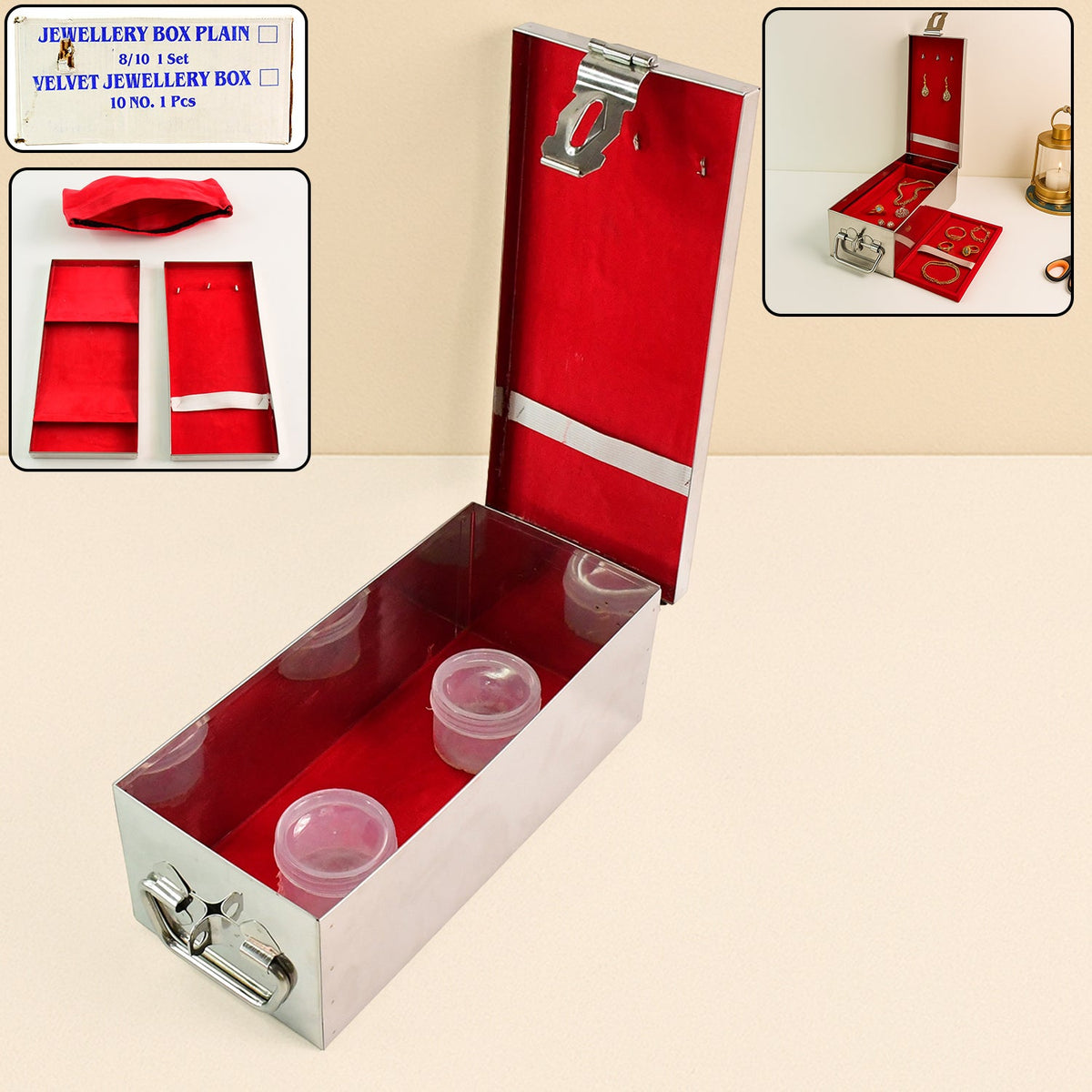 Elegant stainless steel Jewellery Storage Box with a secure lock and plush red velvet interior. Main image