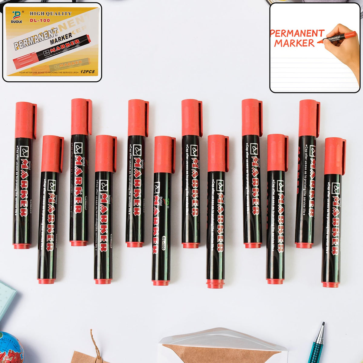12-piece set of permanent red marker pens with vibrant waterproof ink Main image