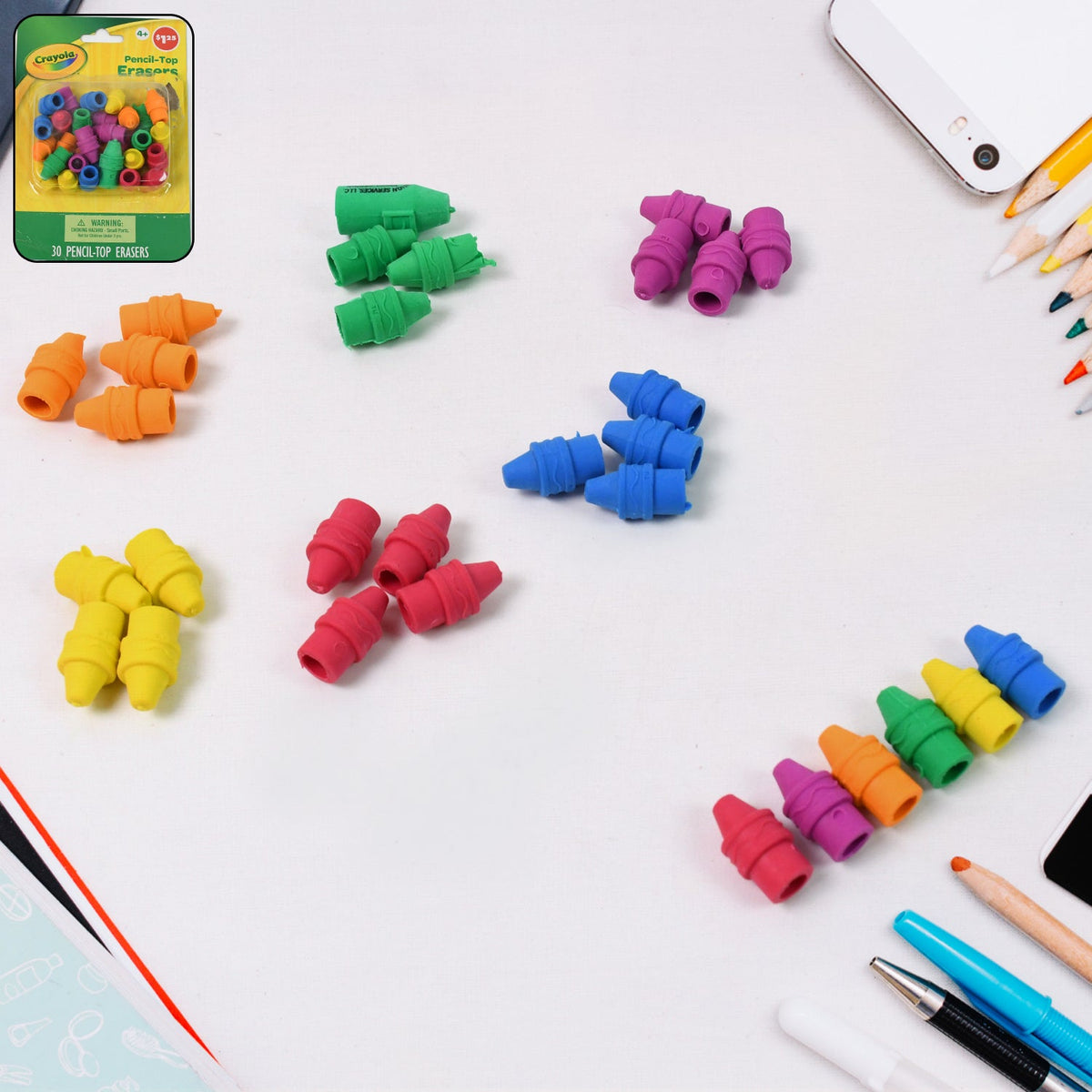Colorful pencil top erasers in a mixed pack, ideal for school children. Main image