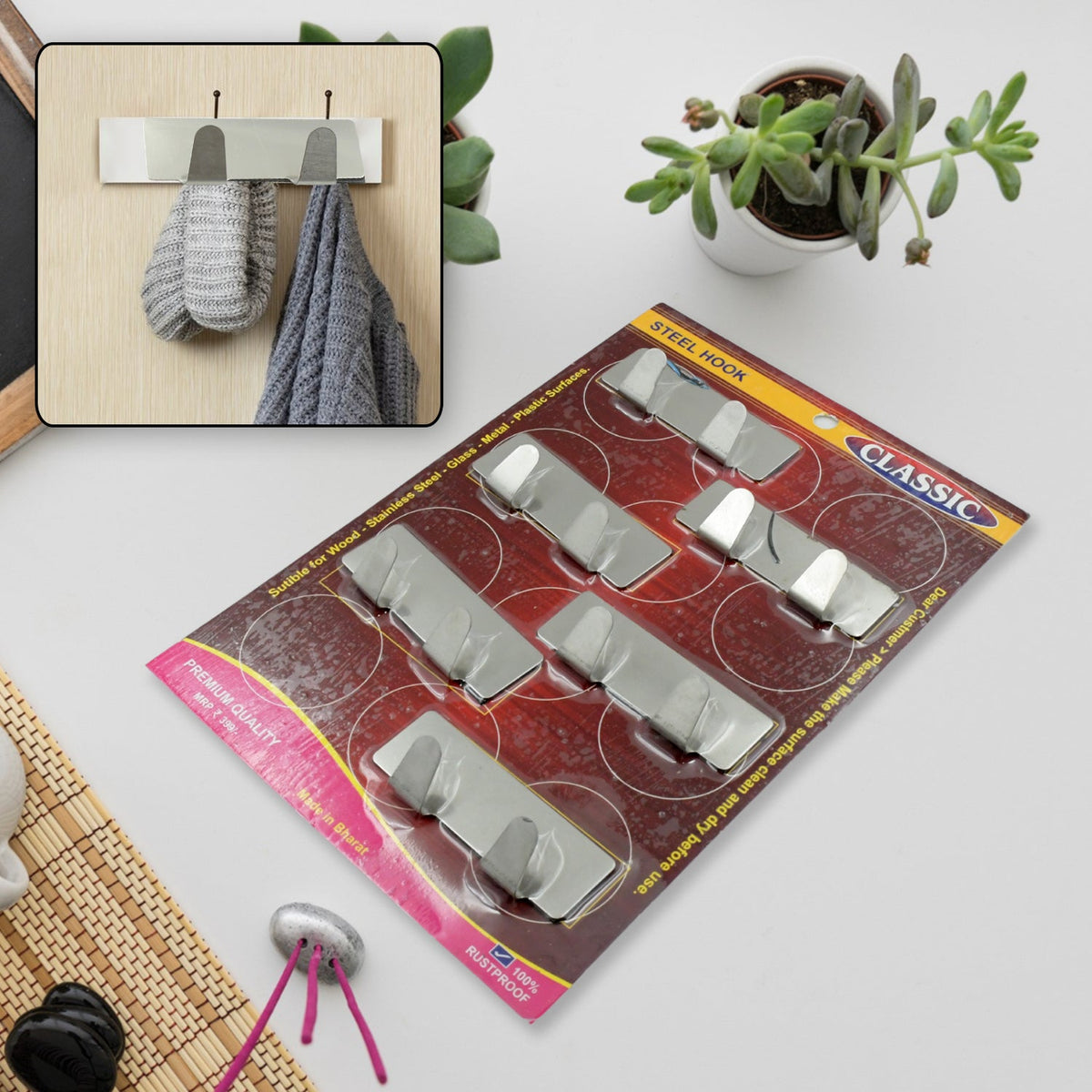 Durable stainless steel self-adhesive wall hook for kitchen organisation. Main image