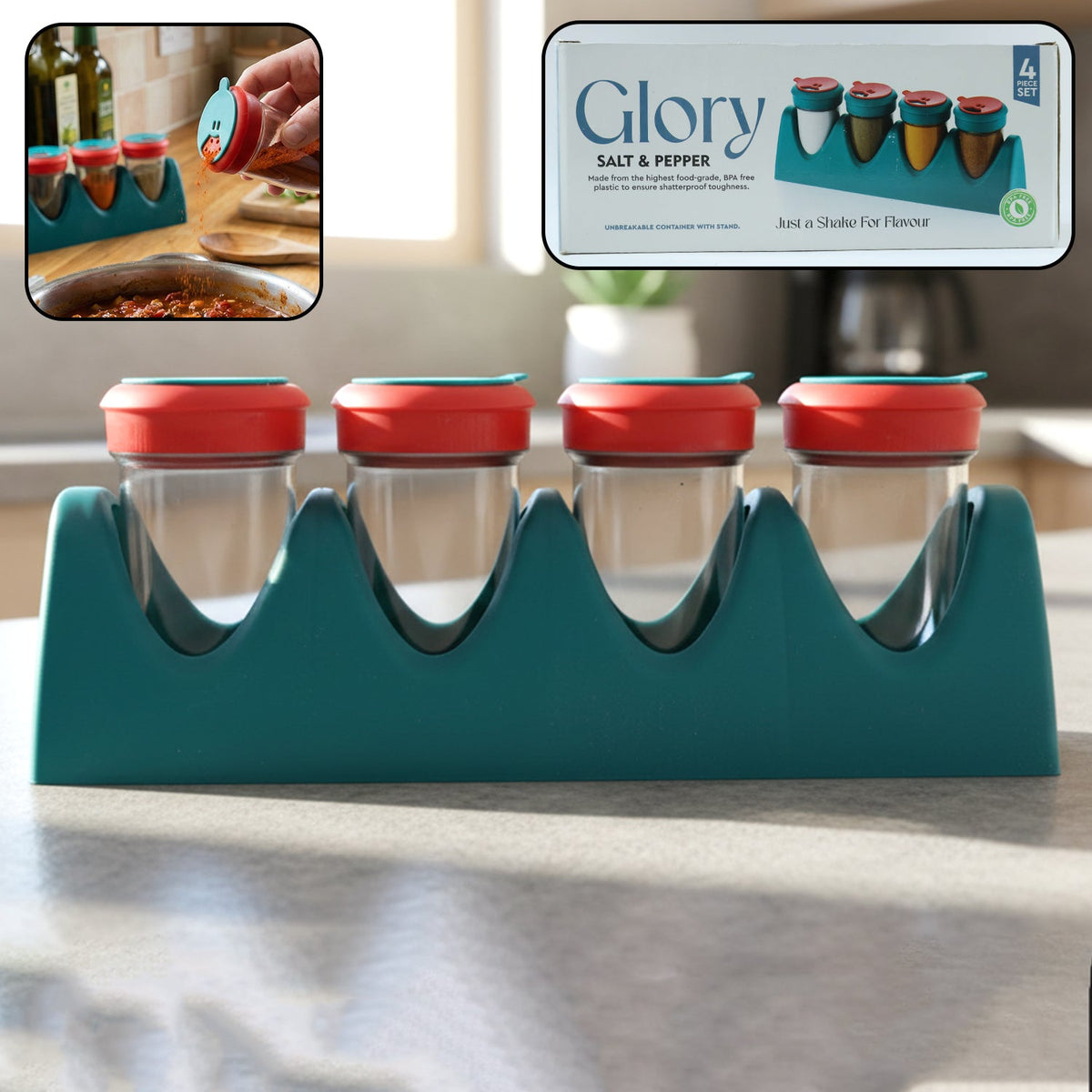 4-in-1 multipurpose spice shaker set with stand on kitchen counter Main image