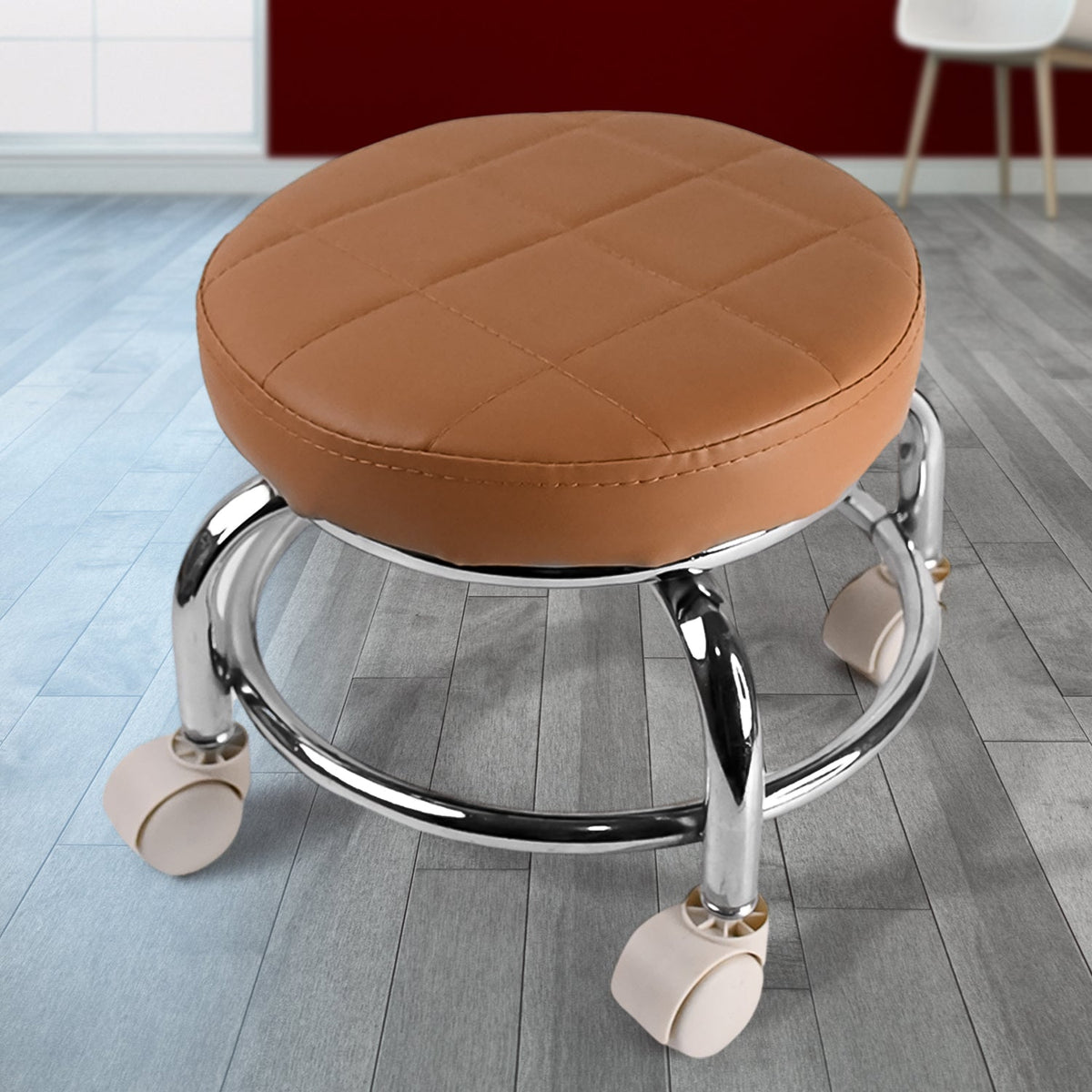 Rolling stool with heavy duty steel base and cushioned seat Main image