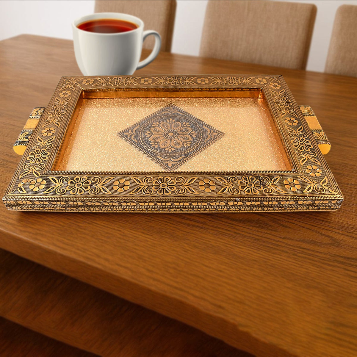 Rajwadi decorative serving tray with antique golden floral border and embossed center Main image