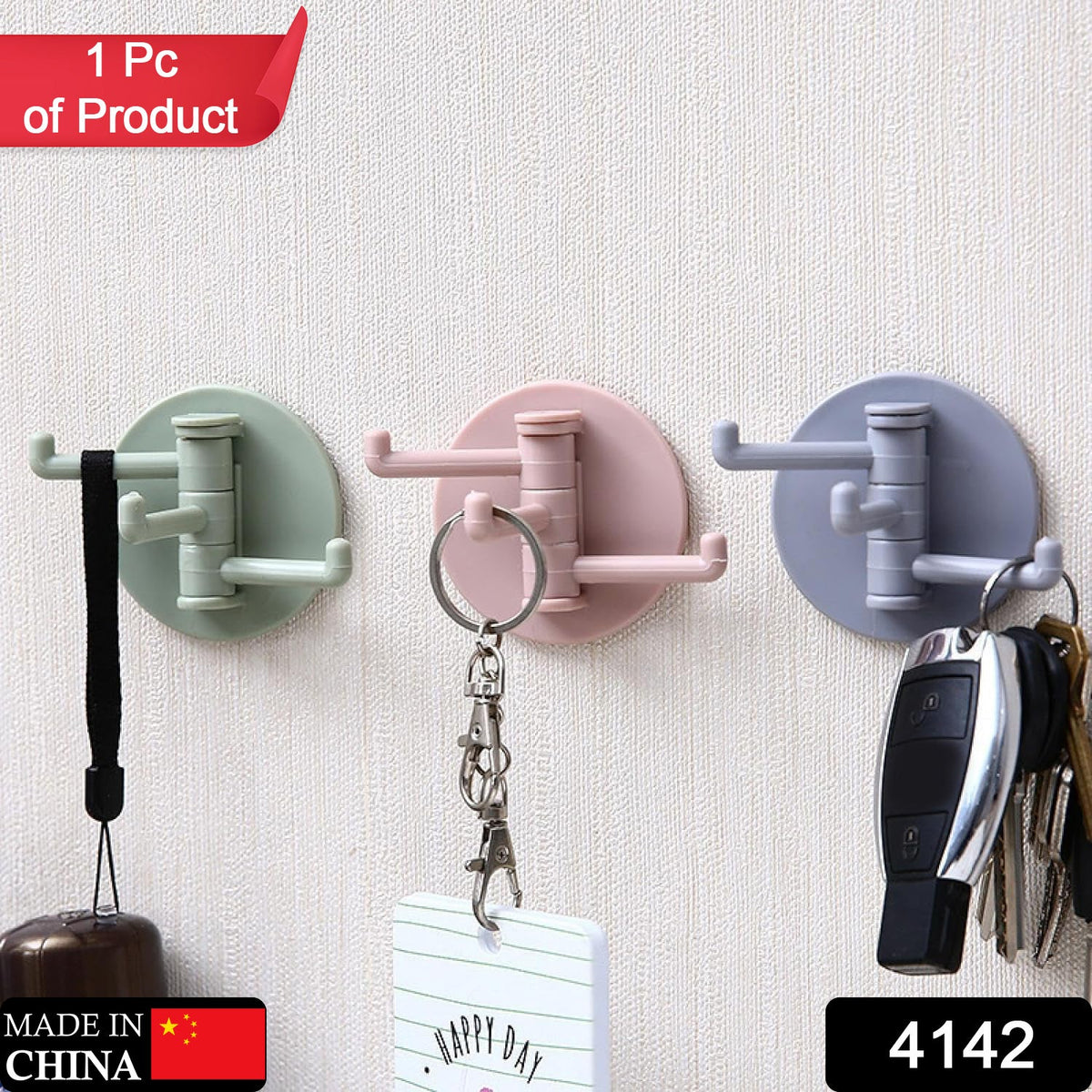 GlimmerHome 3-hook rotating sticky hook in white, ideal for kitchen or bathroom organization. Main image