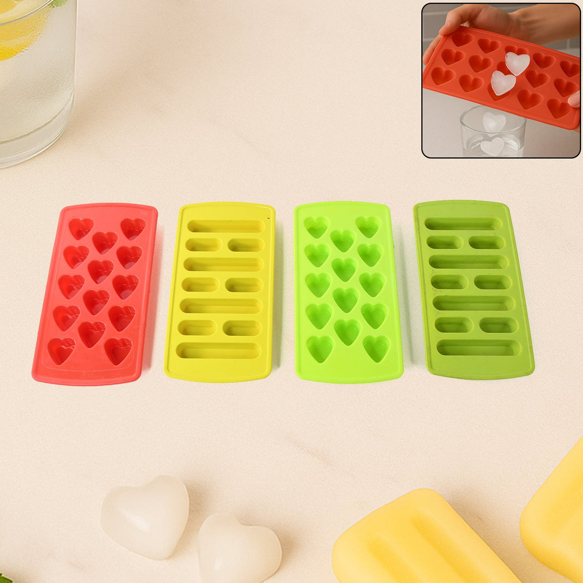 Plastic ice cube tray set featuring flexible, BPA-free heart and stick molds Main image