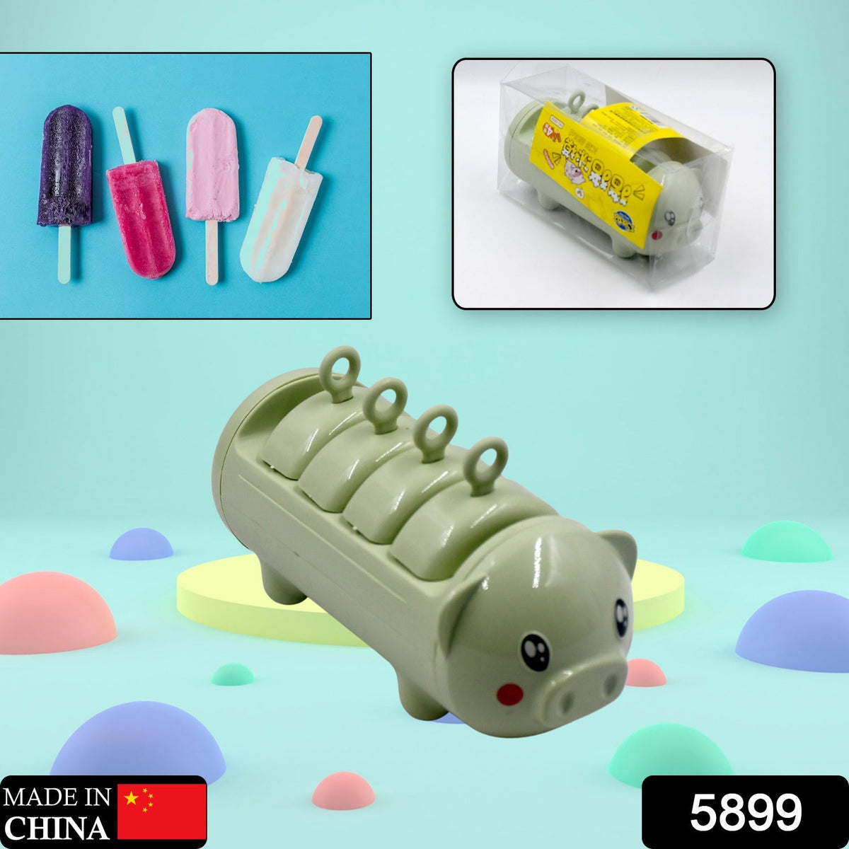 A vibrant red Pig Shape Ice Mold with four cavities, filled with colorful fruit juice for freezing. Main image