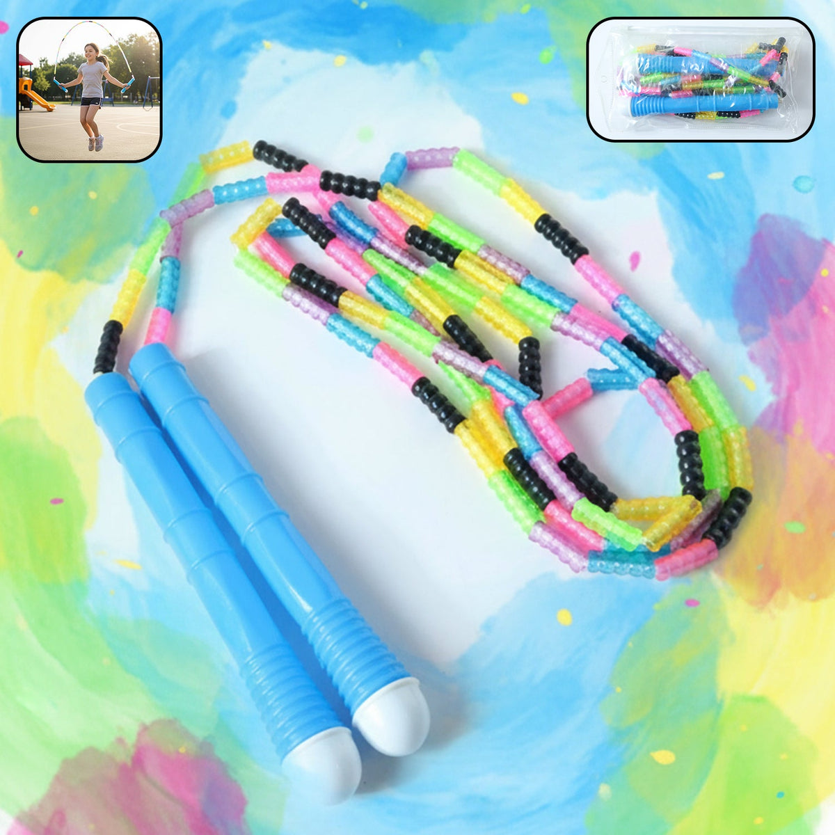 Colorful beaded skipping rope with comfortable grip handles for kids fitness Main image