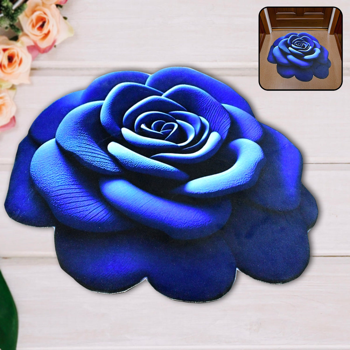 3D blue rose shaped anti-slip velvet floor mat in a home setting Main image