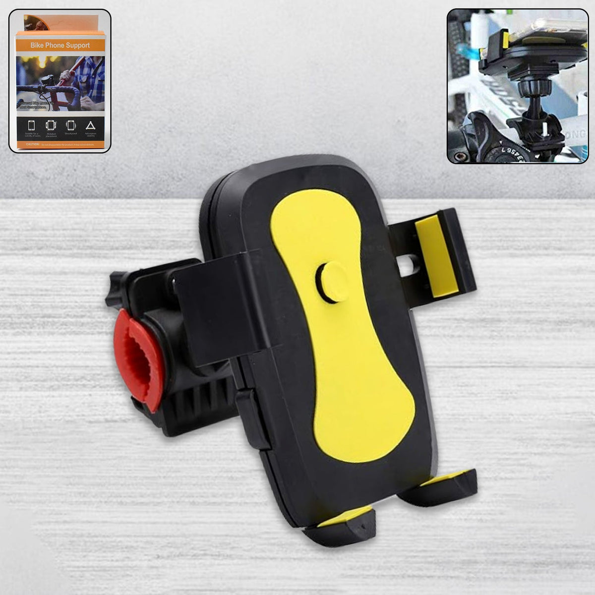 Motorcycle phone mount securely attached to a handlebar with a smartphone. Main image