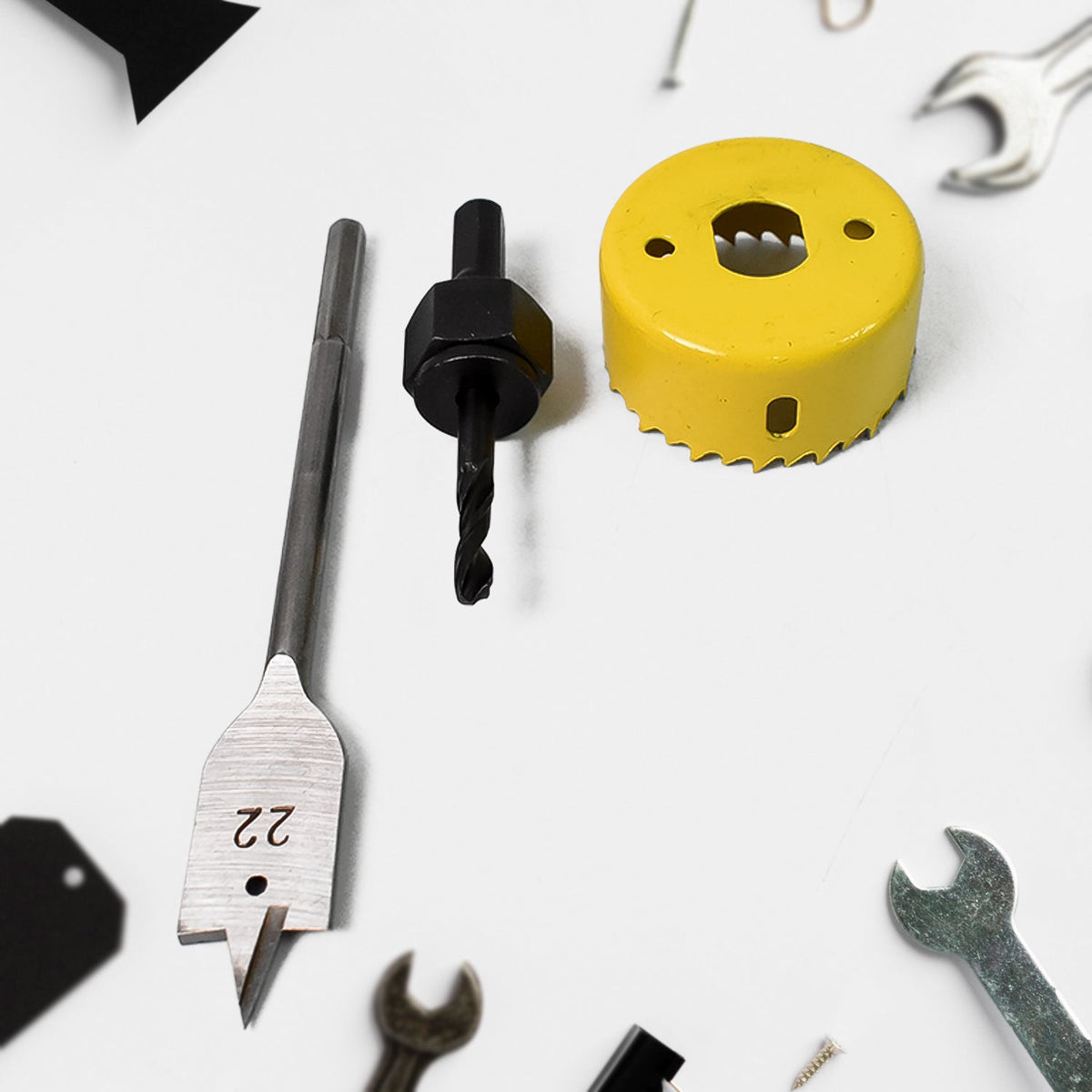 A complete door lock installation kit with a 22mmx150mm hole saw and drill bit for woodworking. Main image
