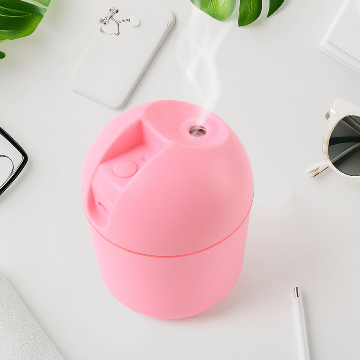 USB Mini Air Humidifier on desk emitting cool mist with soft LED light Main image