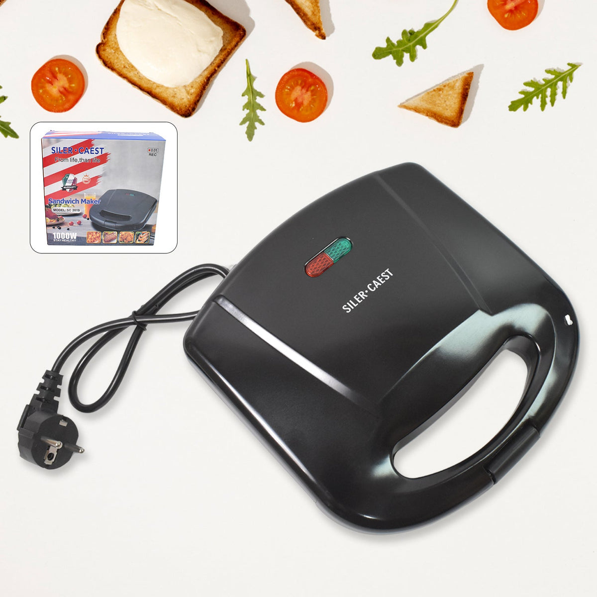 Dabster 2-slice sandwich maker with non-stick plates on a kitchen counter. Main image