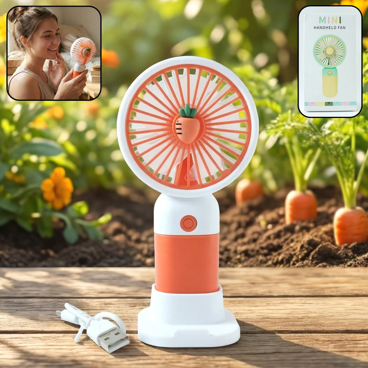 Mini rechargeable handheld fan with decorative front design Main image