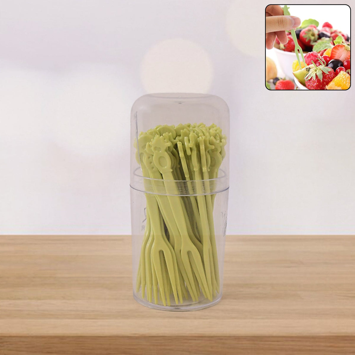 Jar of 50 plastic fruit forks for desserts and appetizers Main image