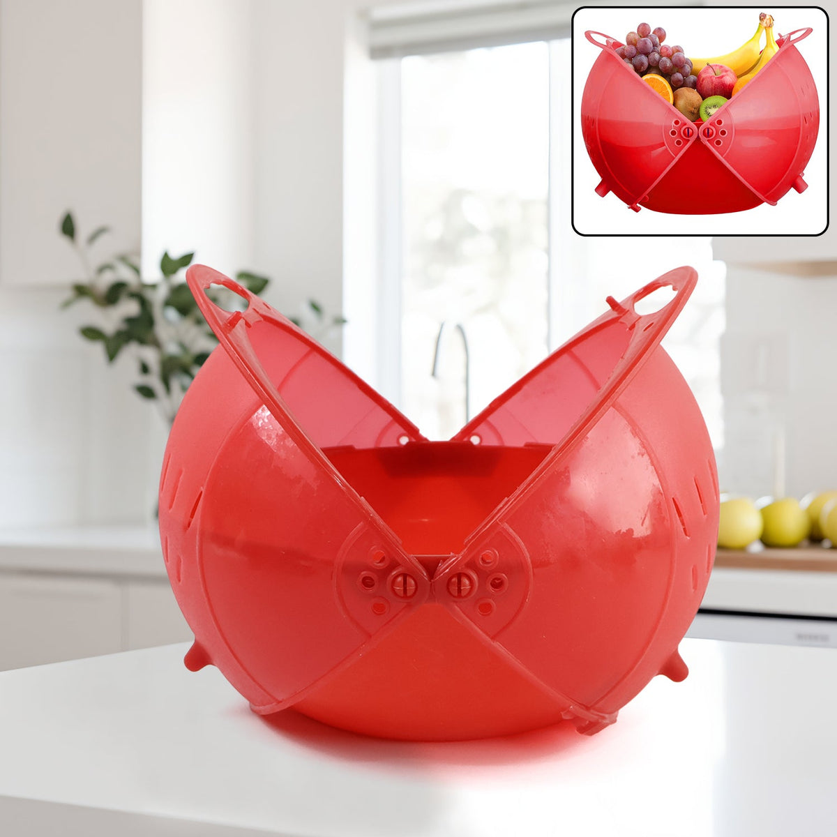 Multicolour plastic rice washing bowl with revolving strainer feature. Main image