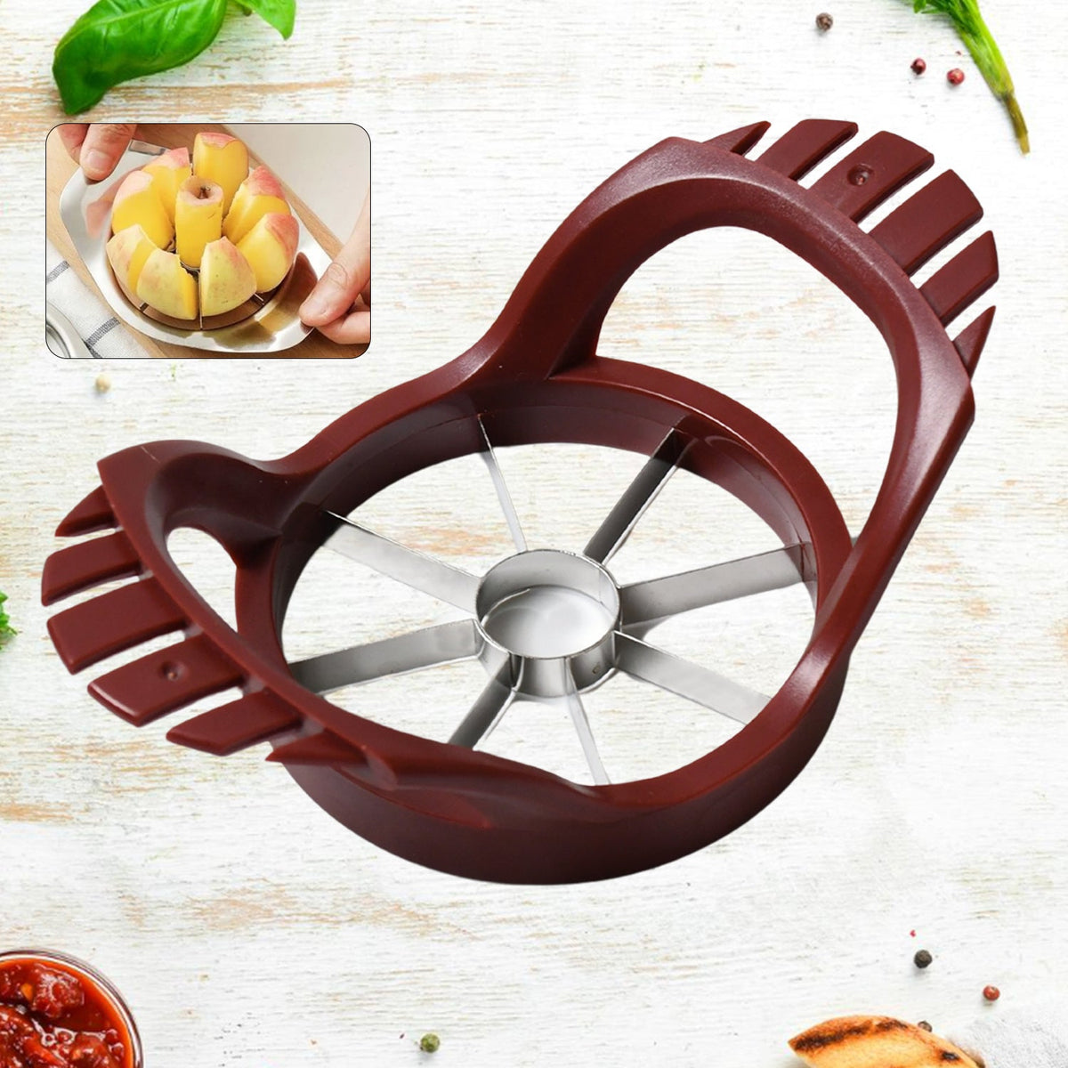Indo Glow stainless steel apple slicer from a top-down view, showcasing its sharp blades. Main image