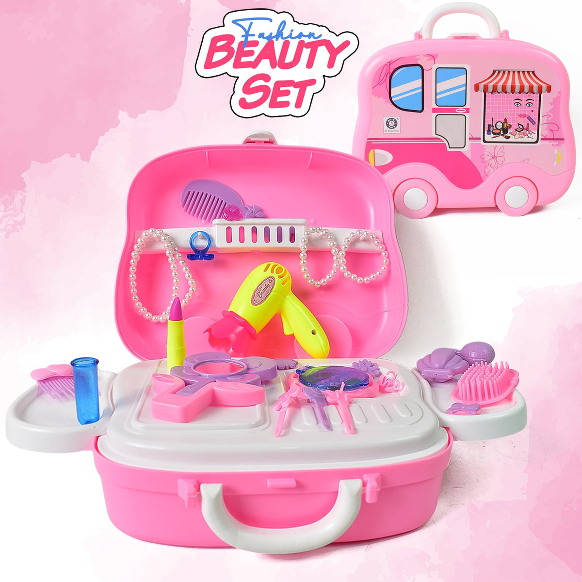 Kids' pretend play makeup kit in a portable pink wheel suitcase. Main image