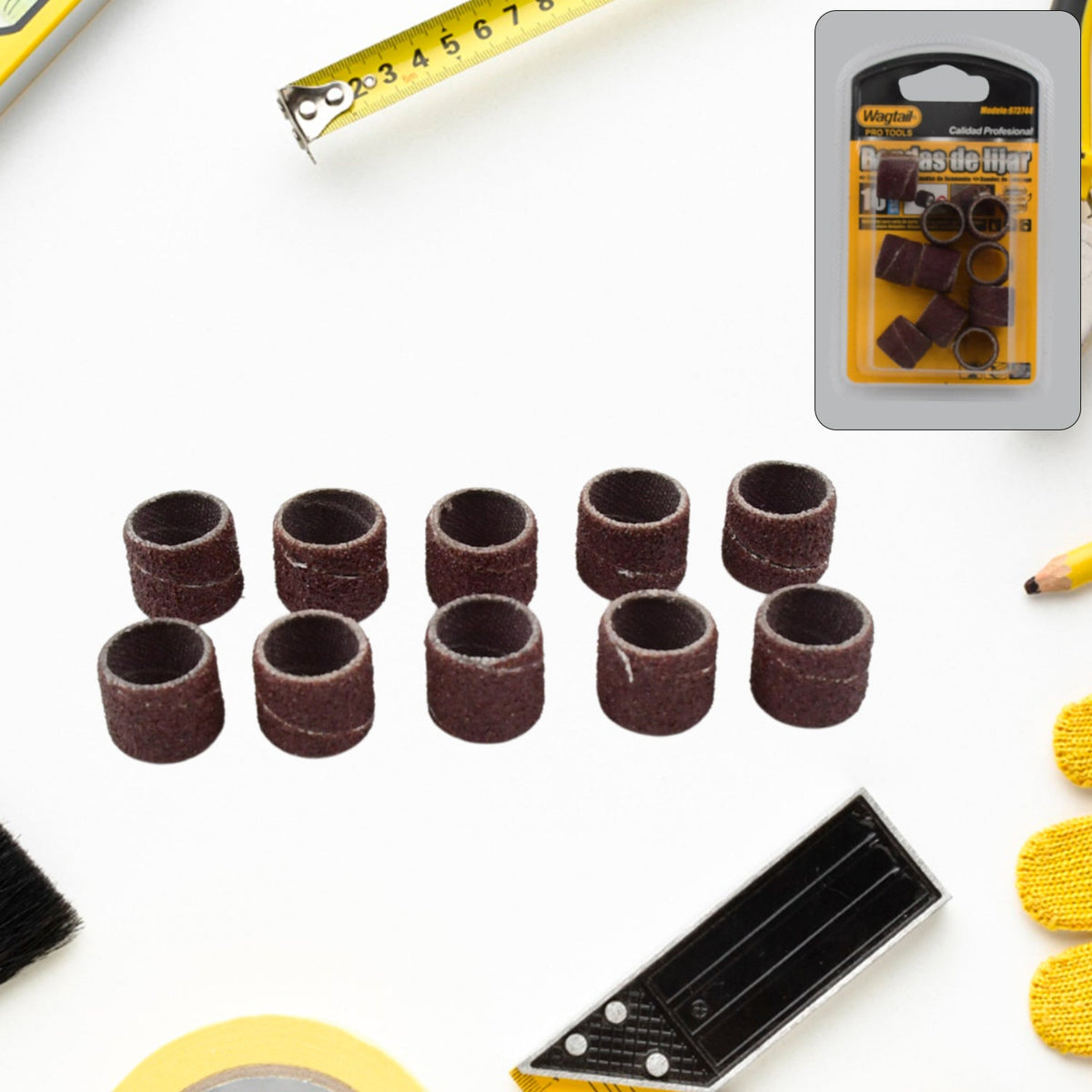 A close-up of the 10-piece Drum Polishing Kit with various sanding sleeves and mandrels. Main image