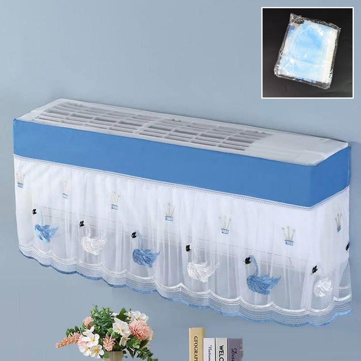 Designer AC dust cover installed on a 1 Ton split AC unit, enhancing home decor. Main image