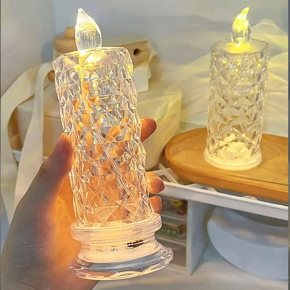 Front view of the shimmering Crystal LED Candle, perfect for Diwali decor. Main image