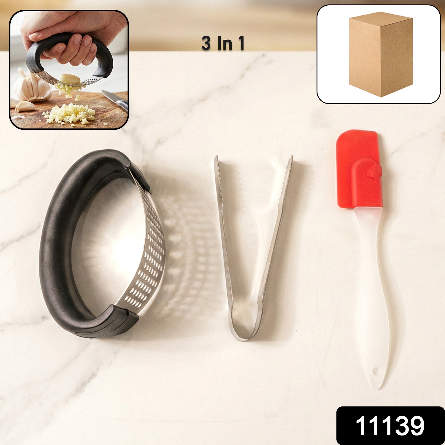 3-in-1 Kitchen Tool Set – Garlic Crusher, Tongs & Silicone Spatula Secondary image