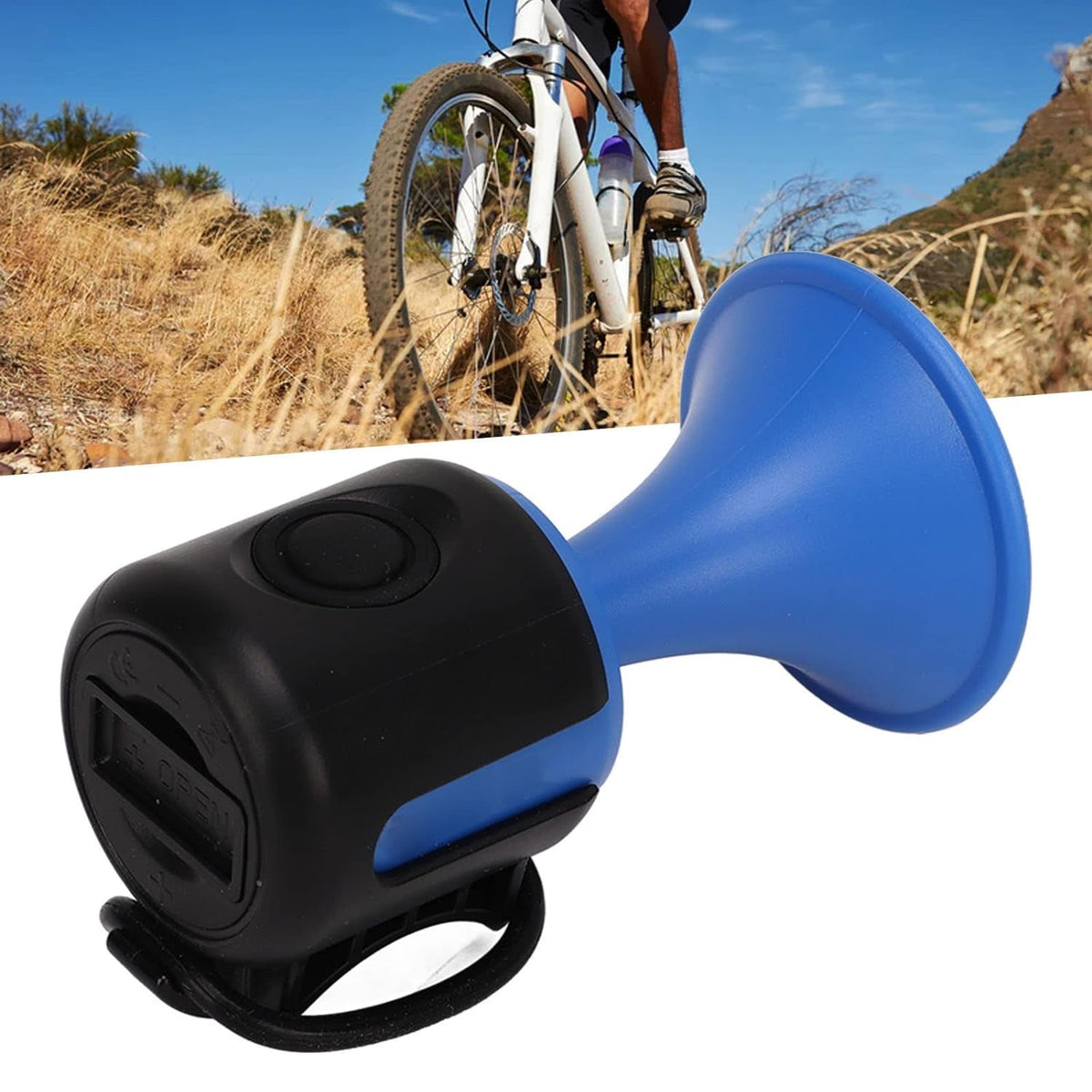 Electric bicycle horn mounted on a bike handlebar, showcasing its compact design. Main image