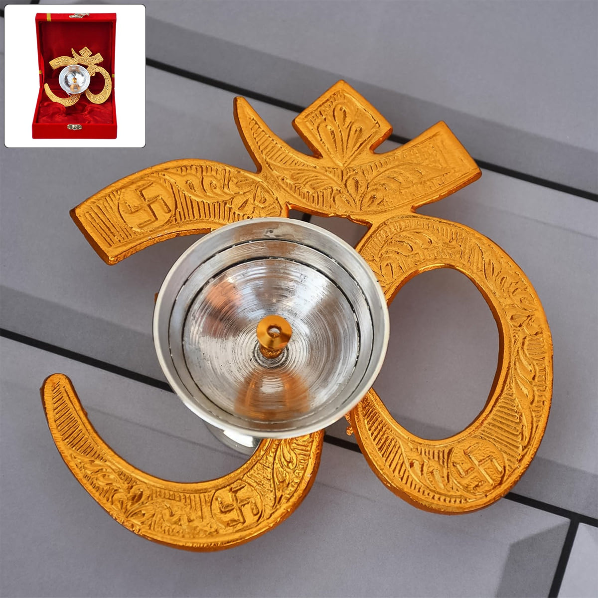 Om Symbol Brass Oil Diya with golden finish and silver-polished bowl Main image