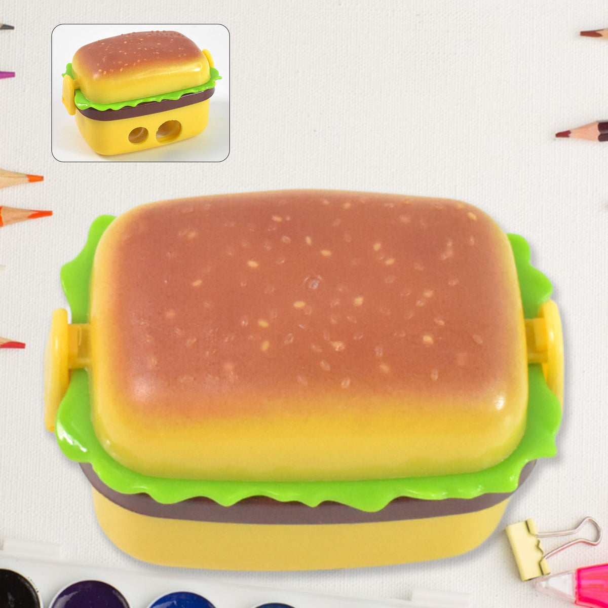 Burger shape double hole sharpener with eraser top view showing colorful design Main image