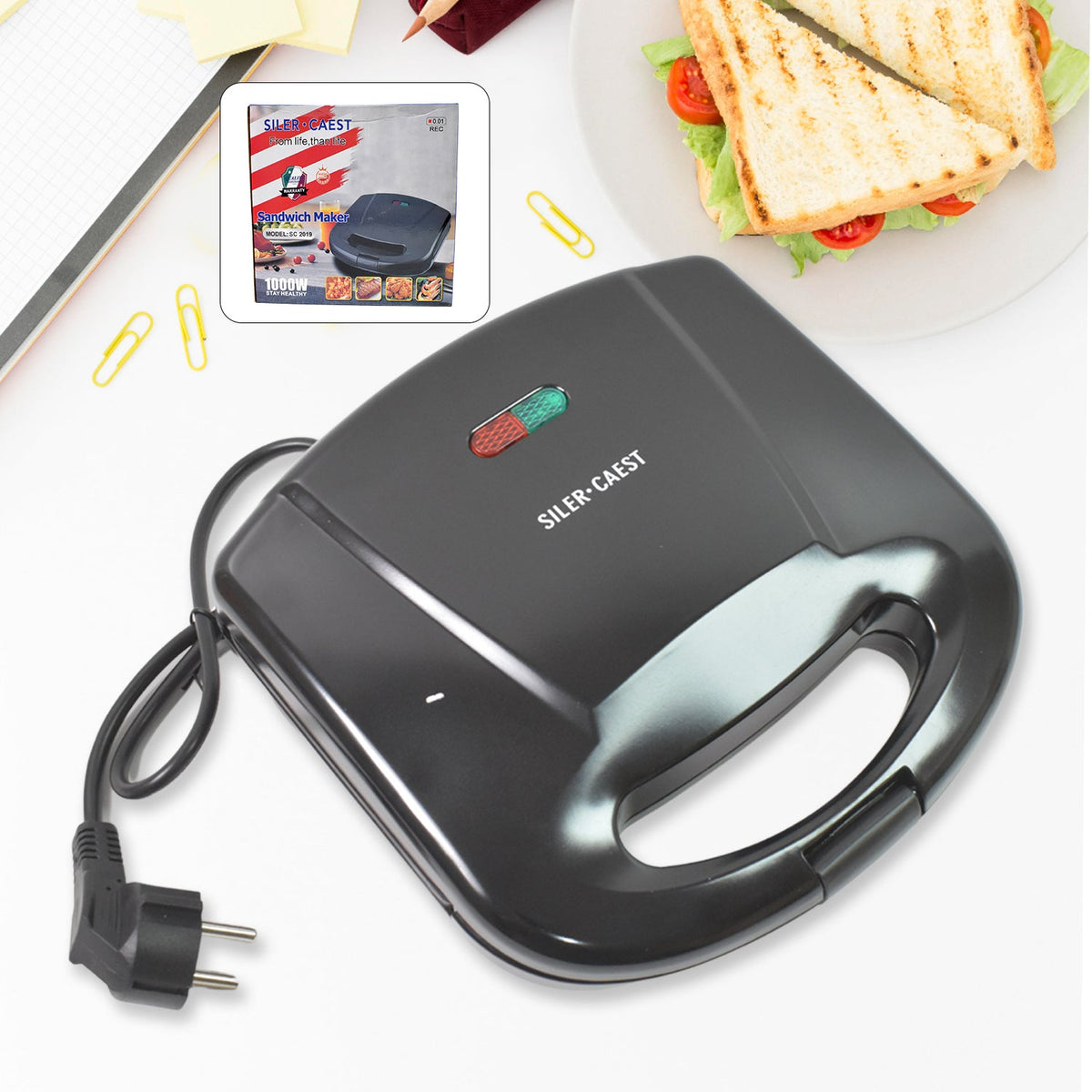 ChefMates Sandwich Maker closed, showcasing its sleek design on a kitchen counter. Main image