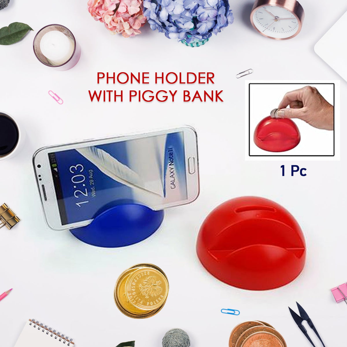 Front view of a cute owl-shaped Phone Holder with Coin Bank on a desk. Main image