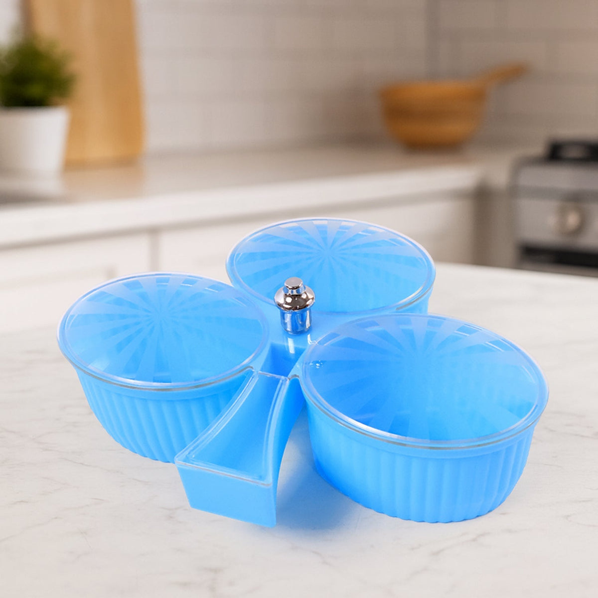3-compartment revolving dry fruit box with handle in blue Main image
