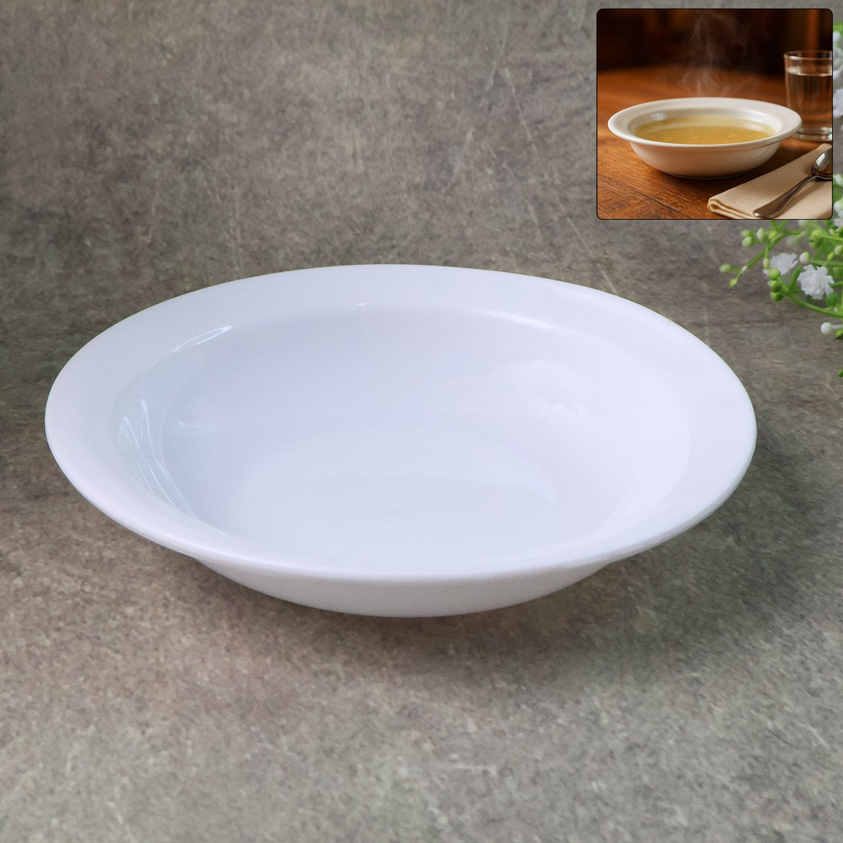 Deep round white curry bowl with glossy finish on white background Main image