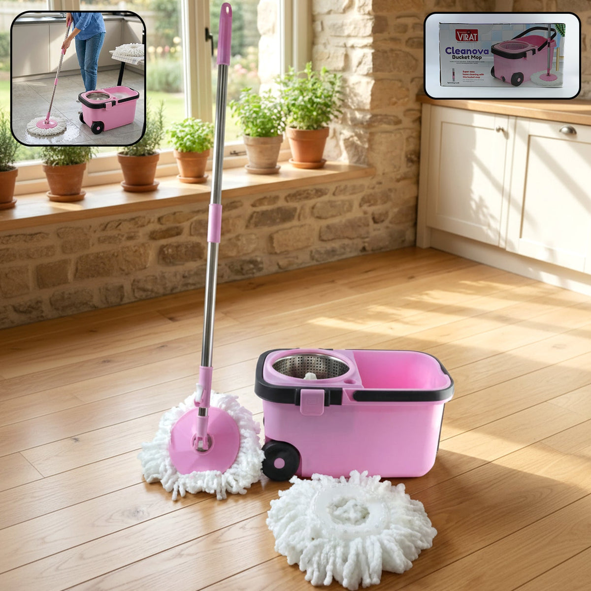 Full view of the Velvet Wipe Quick Spin Mop and bucket with easy wheels. Main image