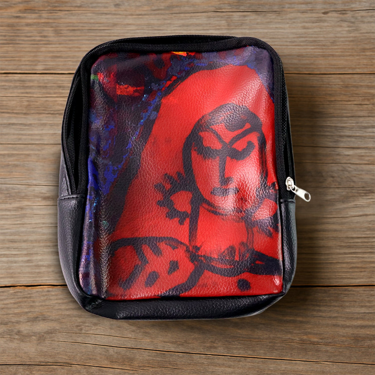 Multipurpose zipper pouch featuring handcrafted traditional art print on faux leather Main image