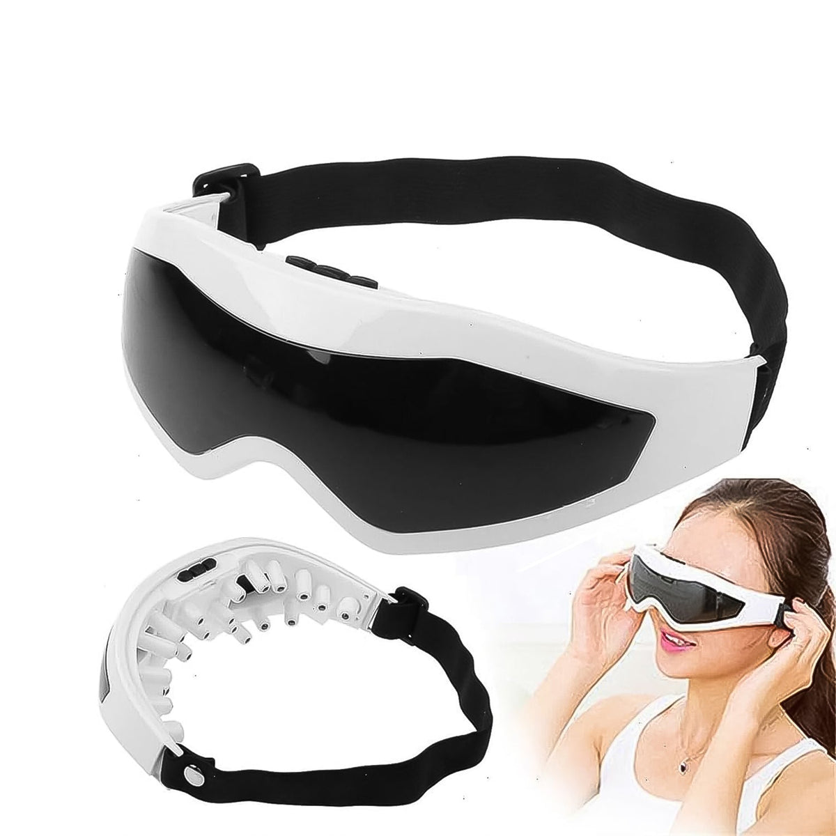 Front view of the Electric Eye Massager showing its adjustable elastic band. Main image