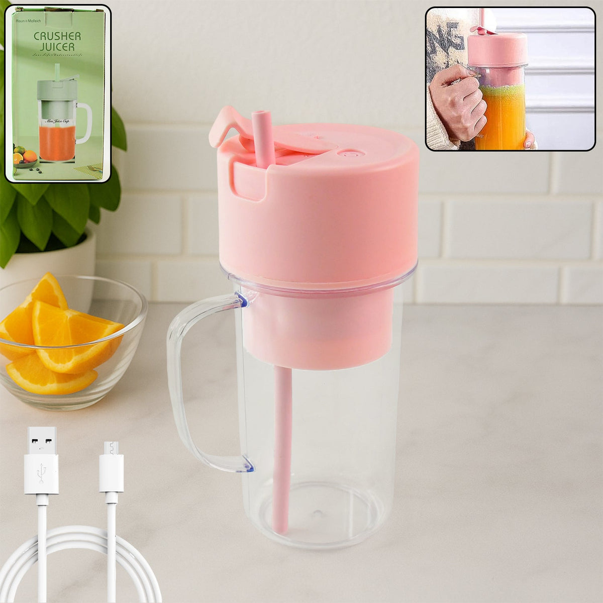 Portable USB rechargeable juicer with handle and straw for on-the-go use. Main image