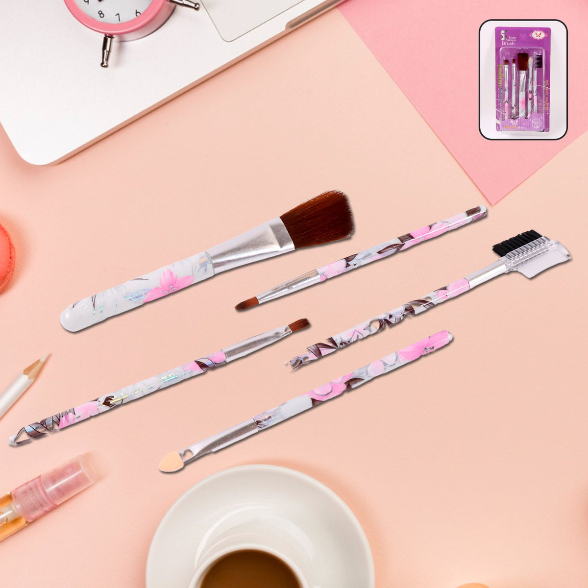 5-piece floral makeup brush set for face, eyes, and lips Main image