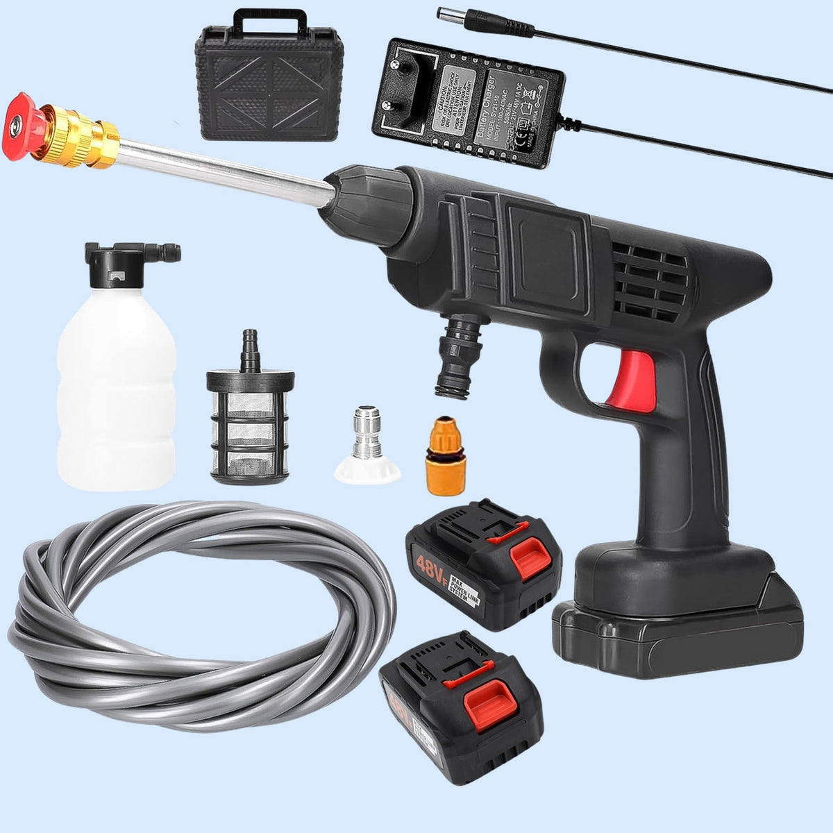 Cordless car washer gun in action, demonstrating powerful spray for vehicle cleaning. Main image